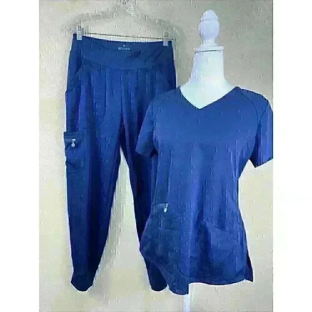 🔥Beyond Scrubs Womens Sz S Dark  Blue  Medical Top & Pants Set Pockets & Zippers